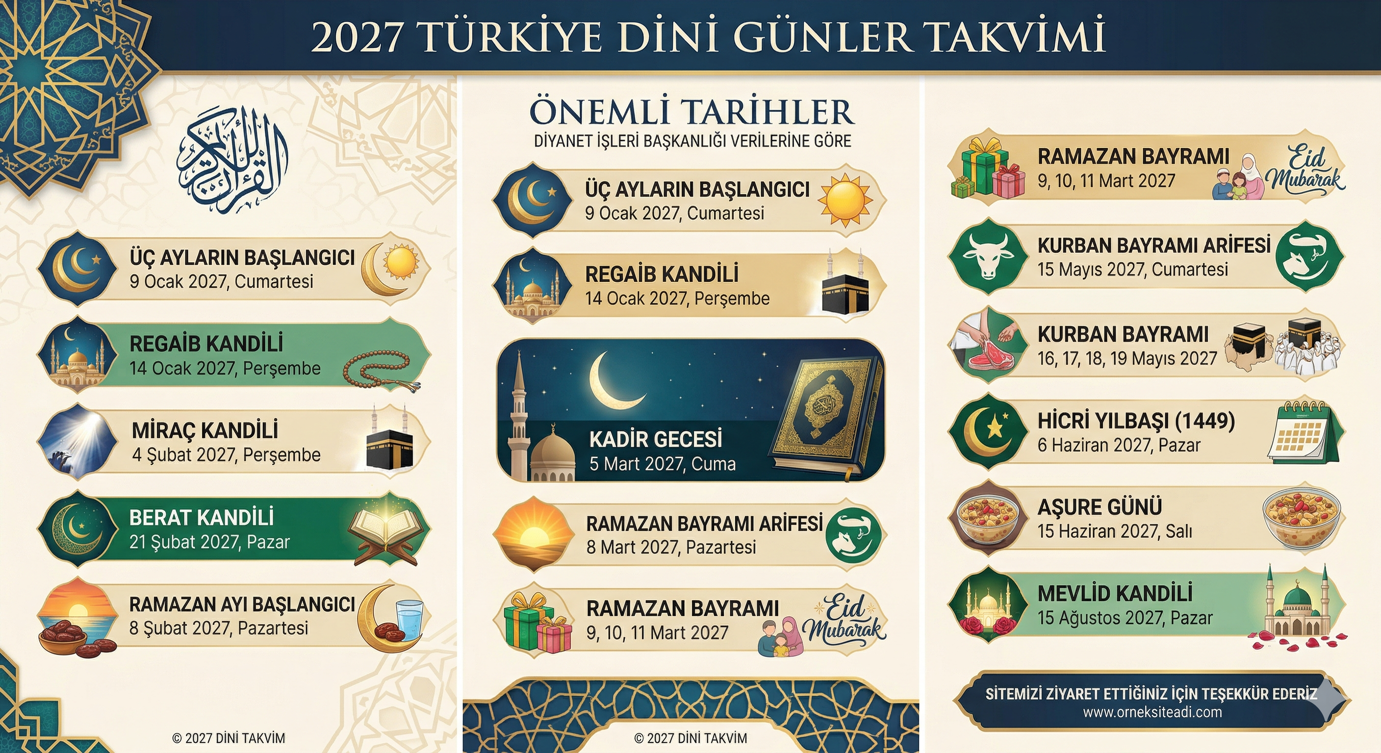 2027 Dini Günler Listesi - Ramazan ve Kurban Bayramı Ne Zaman?